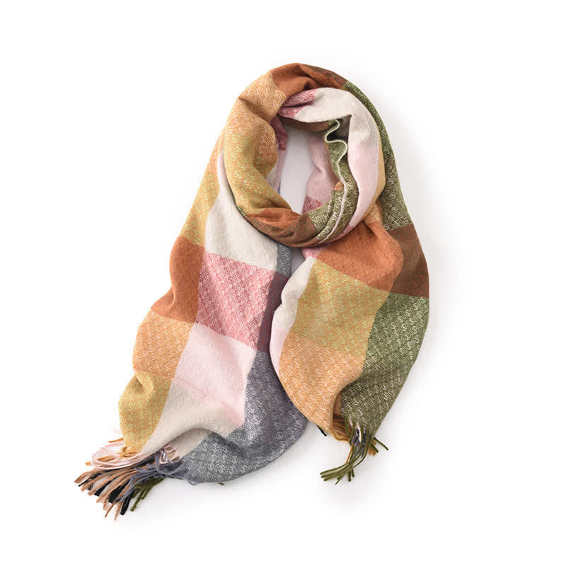 Unisex Contrasting Colors Checked Elegant Fringe Scarf - Orange - image 2