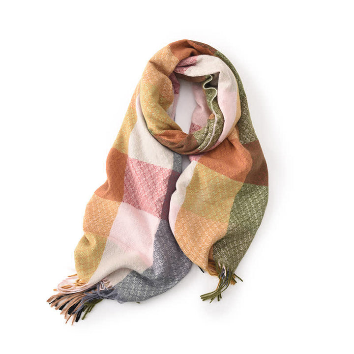 Unisex Contrasting Colors Checked Elegant Fringe Scarf - Orange - image 2