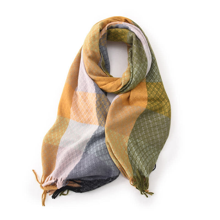 Unisex Contrasting Colors Checked Elegant Fringe Scarf - Khaki - image 5