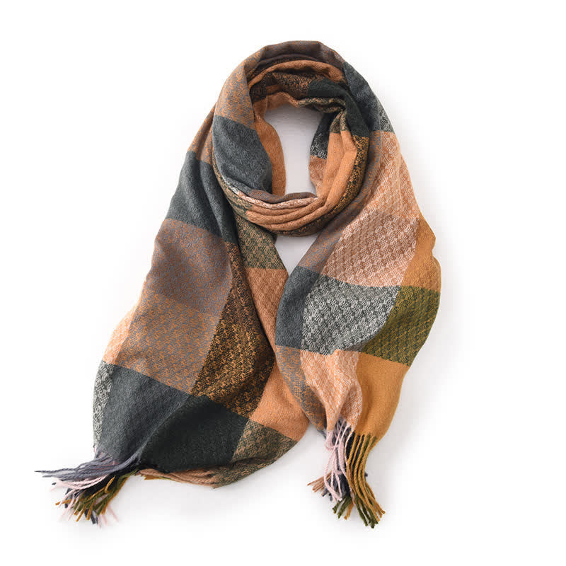 Unisex Contrasting Colors Checked Elegant Fringe Scarf - Dark Khaki - image 7