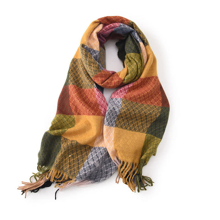 Unisex Contrasting Colors Checked Elegant Fringe Scarf - Red - image 6