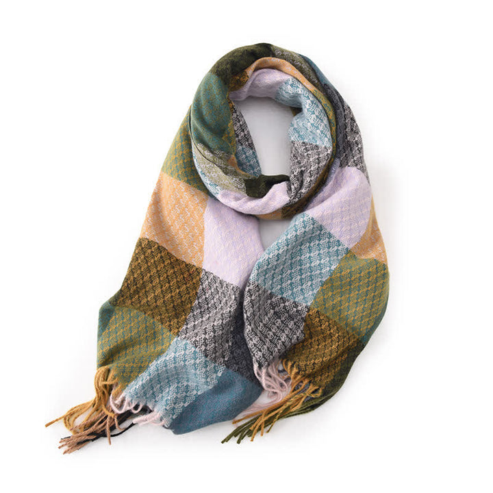 Unisex Contrasting Colors Checked Elegant Fringe Scarf - Purple - image 3