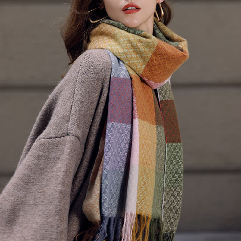 Unisex Contrasting Colors Checked Elegant Fringe Scarf - image 1