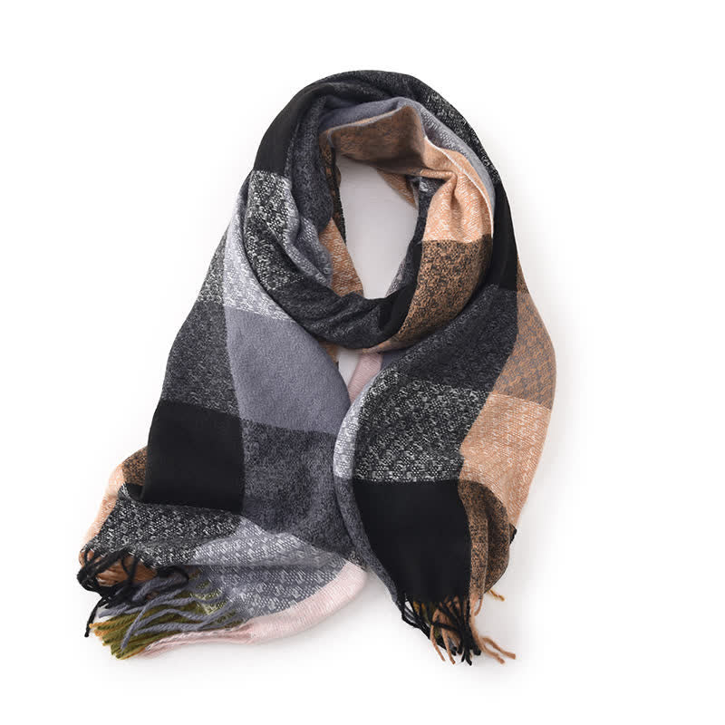 Unisex Contrasting Colors Checked Elegant Fringe Scarf - Black - image 8