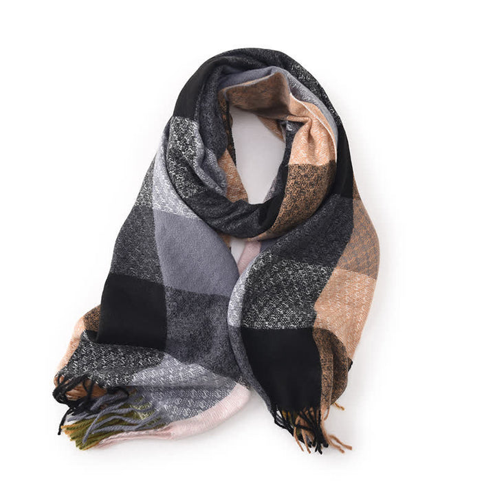 Unisex Contrasting Colors Checked Elegant Fringe Scarf - Black - image 8