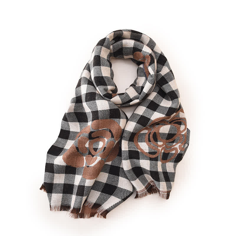 Unisex Large Flower Print Checked Tassel Trim Scarf - image 5