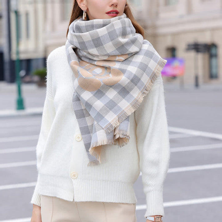 Unisex Large Flower Print Checked Tassel Trim Scarf - Gray - image 6