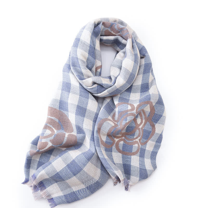Unisex Large Flower Print Checked Tassel Trim Scarf - image 2
