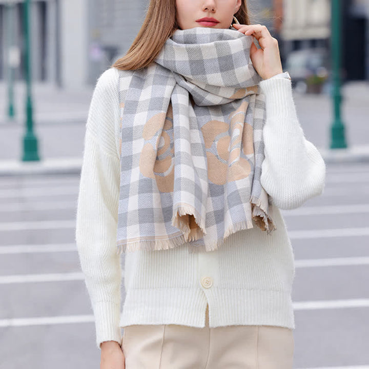 Unisex Large Flower Print Checked Tassel Trim Scarf - image 7