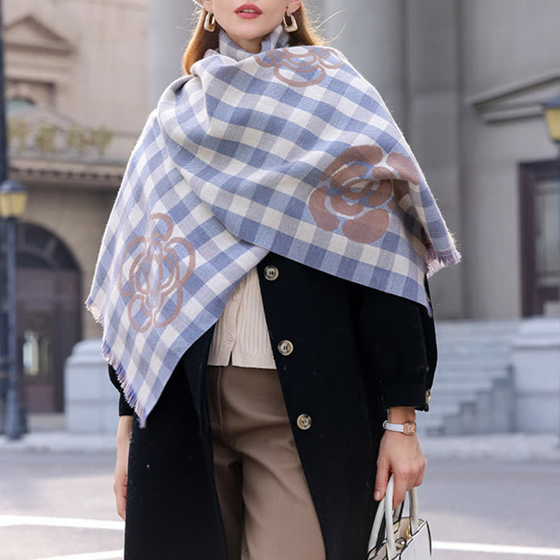 Unisex Large Flower Print Checked Tassel Trim Scarf - image 1