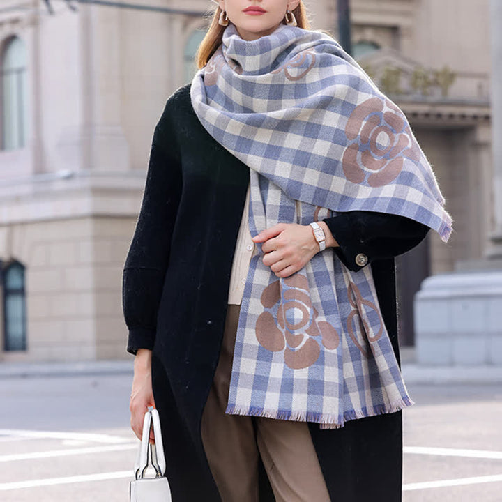 Unisex Large Flower Print Checked Tassel Trim Scarf - Blue - image 0