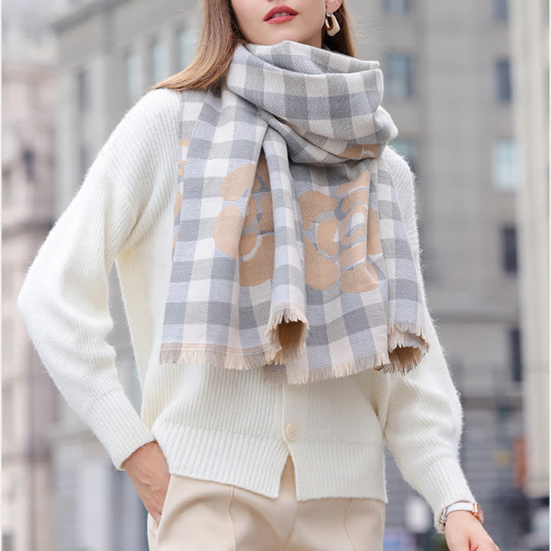 Unisex Large Flower Print Checked Tassel Trim Scarf - image 8