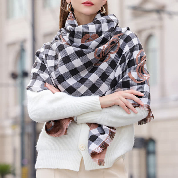 Unisex Large Flower Print Checked Tassel Trim Scarf - image 4