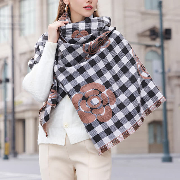 Unisex Large Flower Print Checked Tassel Trim Scarf - Black - image 3