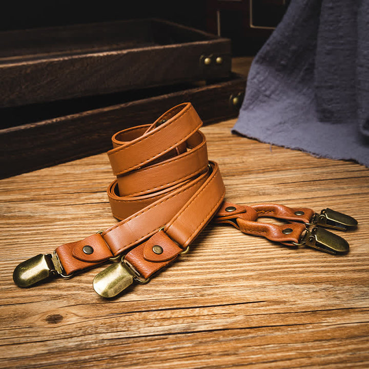 Light Brown Vintage Adjustable Leather Suspenders - image 1