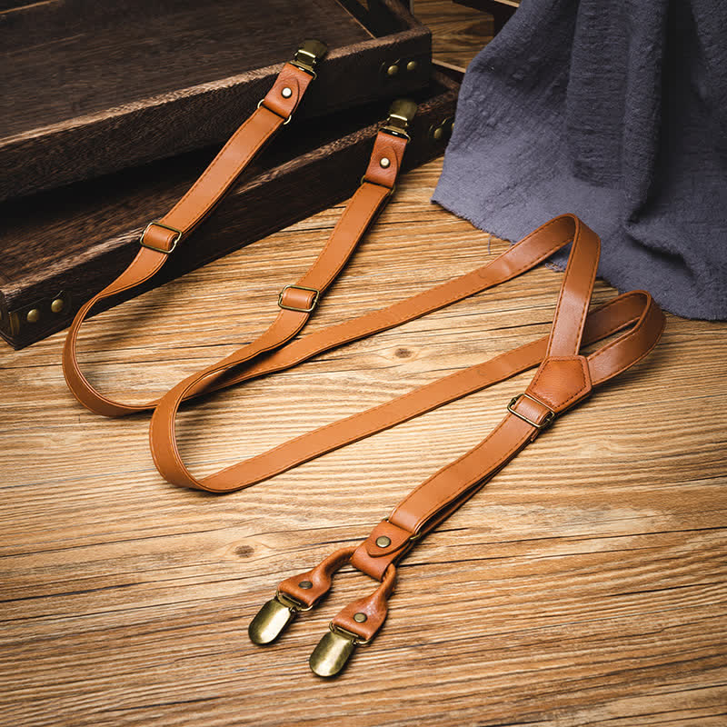 Light Brown Vintage Adjustable Leather Suspenders - image 2