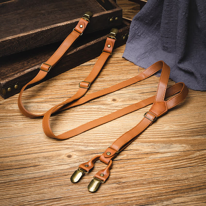 Light Brown Vintage Adjustable Leather Suspenders - image 2