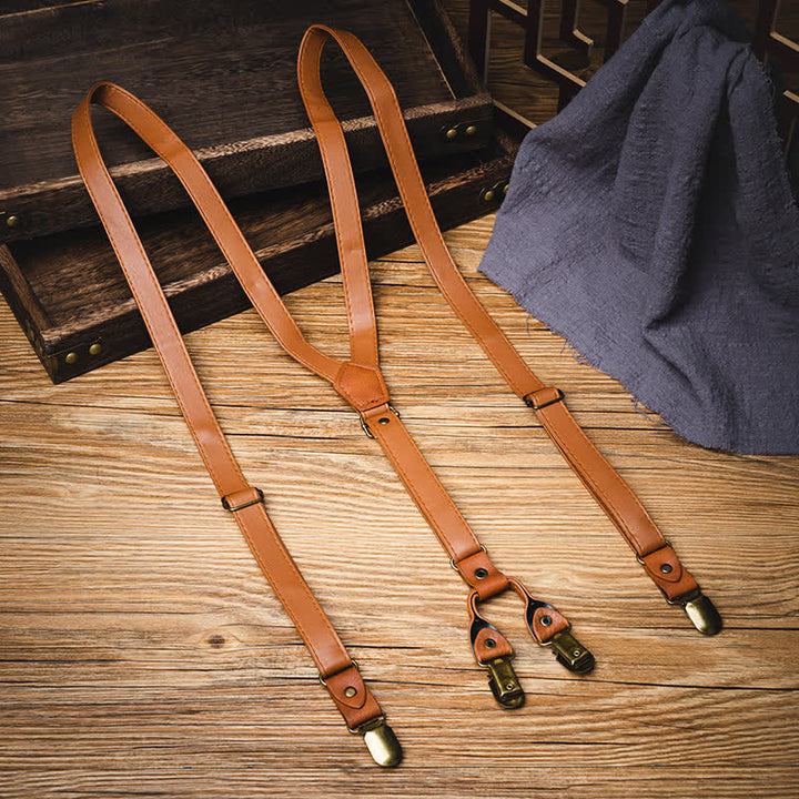 Light Brown Vintage Adjustable Leather Suspenders - Light Brown - image 0