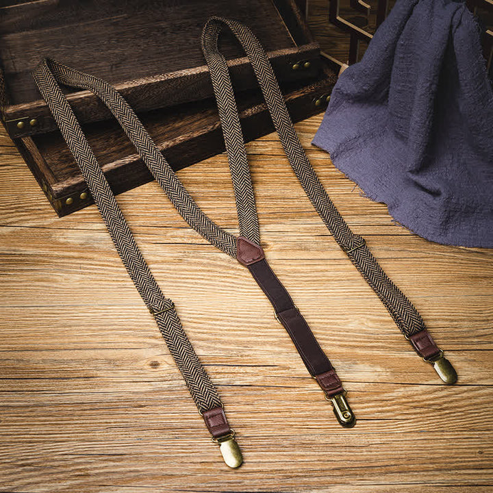 Yellowish-Brown Herringbone Straps Y-back Suspenders - Yellowish-Brown - image 0