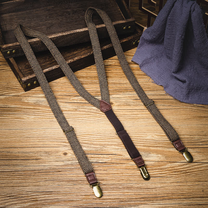 Yellowish-Brown Herringbone Straps Y-back Suspenders - Yellowish-Brown - image 0