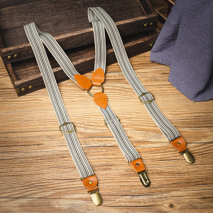 Vintage Light Brown Striped Y-back Elastic Suspenders - White & Brown - image 0
