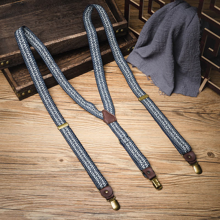 Navy & White Ethnic Pattern Y-back Elastic Suspenders - Navy & White - image 0