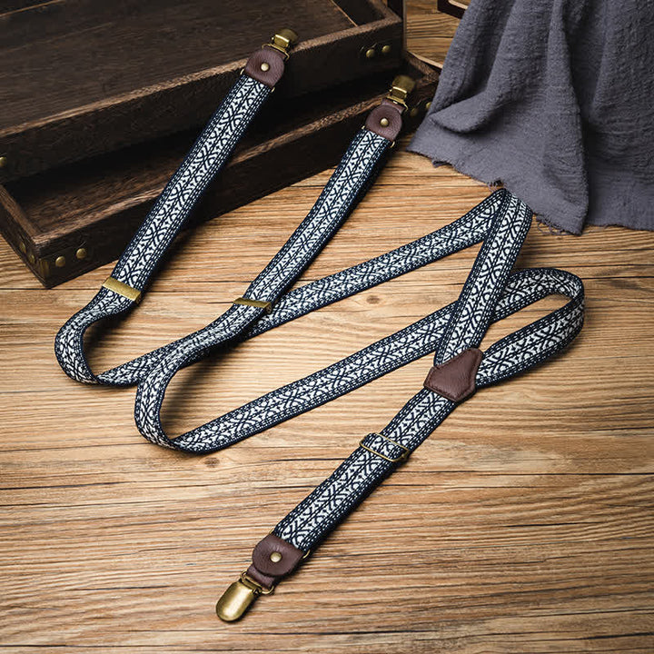 Navy & White Ethnic Pattern Y-back Elastic Suspenders - image 2