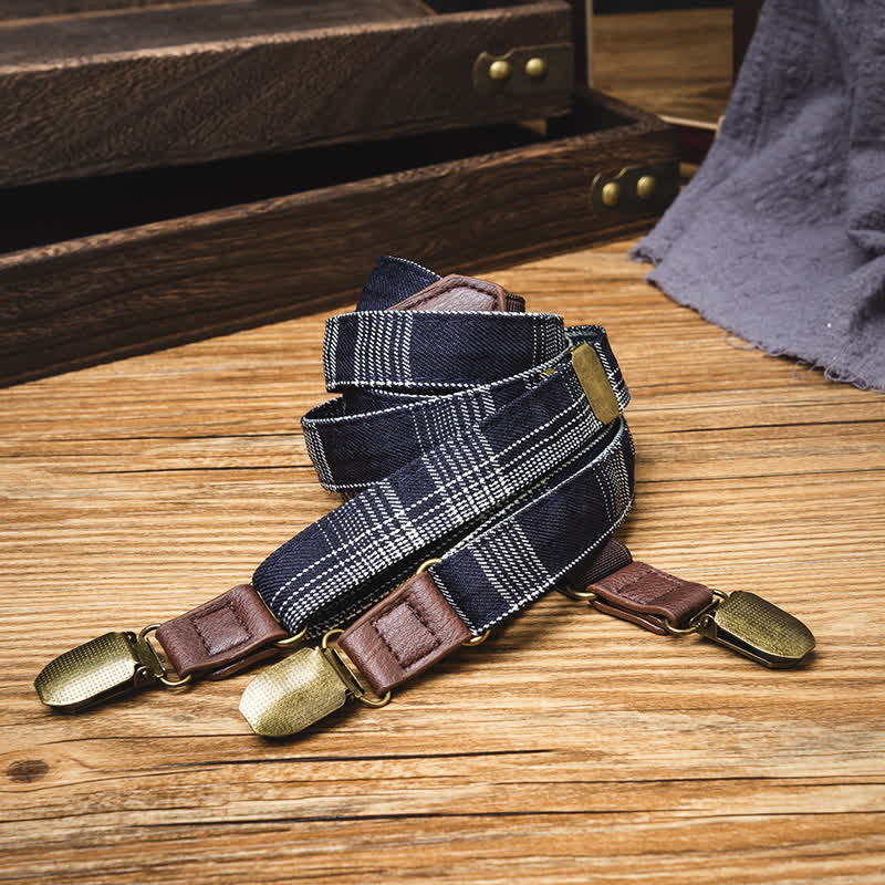 Black Gray Plaid Pattern Y-back Elastic Suspenders - image 1