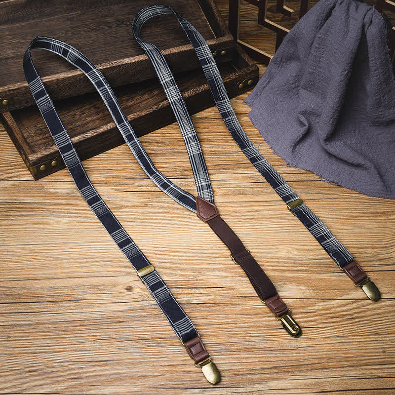 Black Gray Plaid Pattern Y-back Elastic Suspenders - Black - image 0