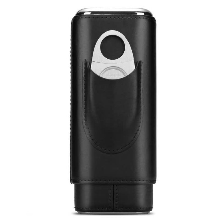 3-Finger Cigar Humidor Leather Case with Cigar Cutter - Black & Silver Cutter - image 12