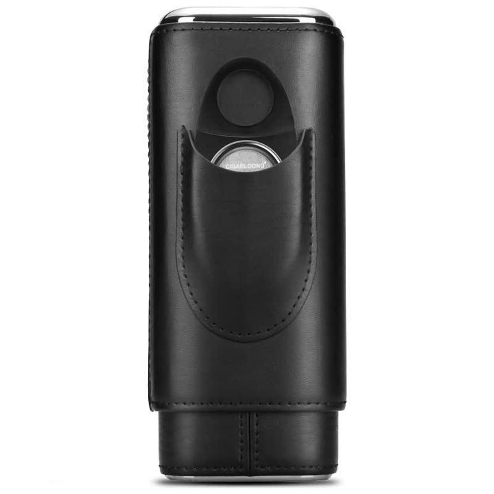 3-Finger Cigar Humidor Leather Case with Cigar Cutter - Black & Black Cutter - image 17