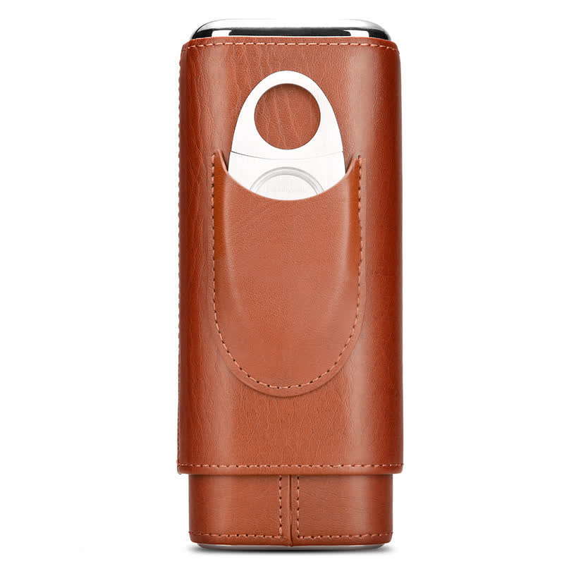3-Finger Cigar Humidor Leather Case with Cigar Cutter - Brown & Silver Cutter - image 2