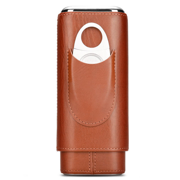 3-Finger Cigar Humidor Leather Case with Cigar Cutter - Brown & Silver Cutter - image 2