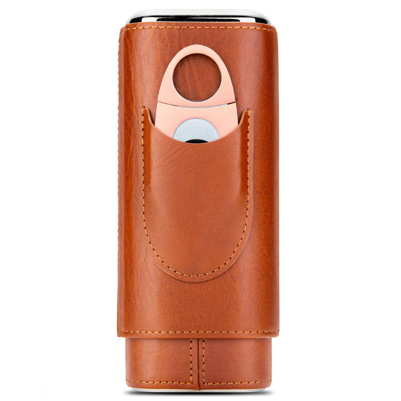 3-Finger Cigar Humidor Leather Case with Cigar Cutter - Brown & Rose Gold Cutter - image 16