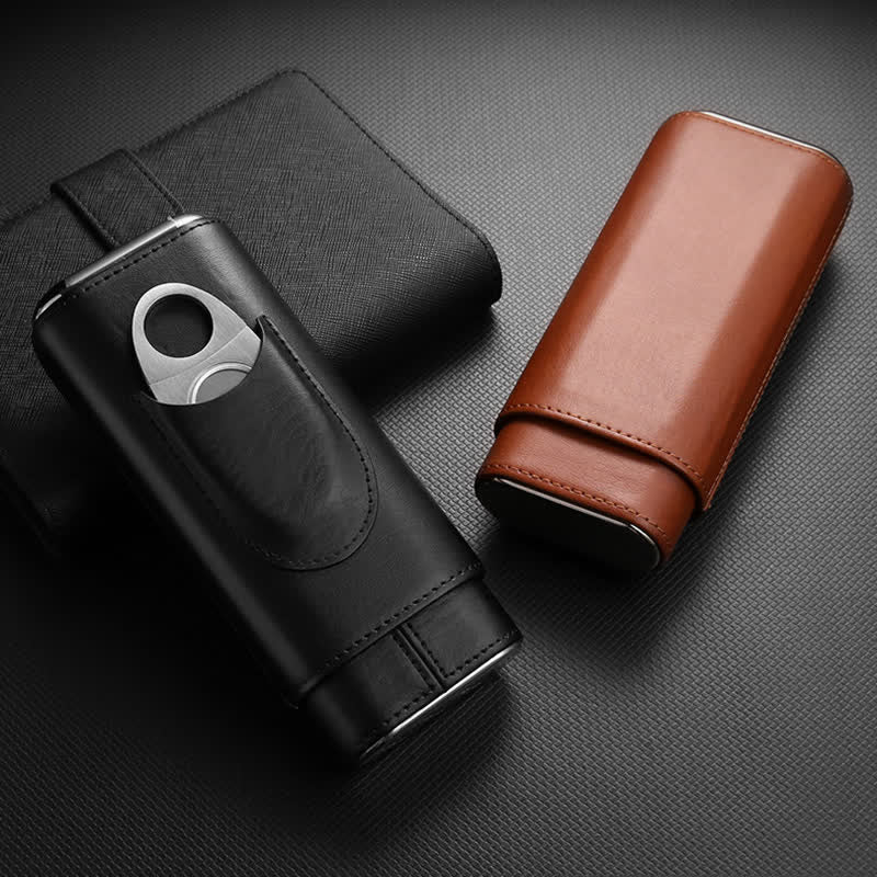 3-Finger Cigar Humidor Leather Case with Cigar Cutter - image 1