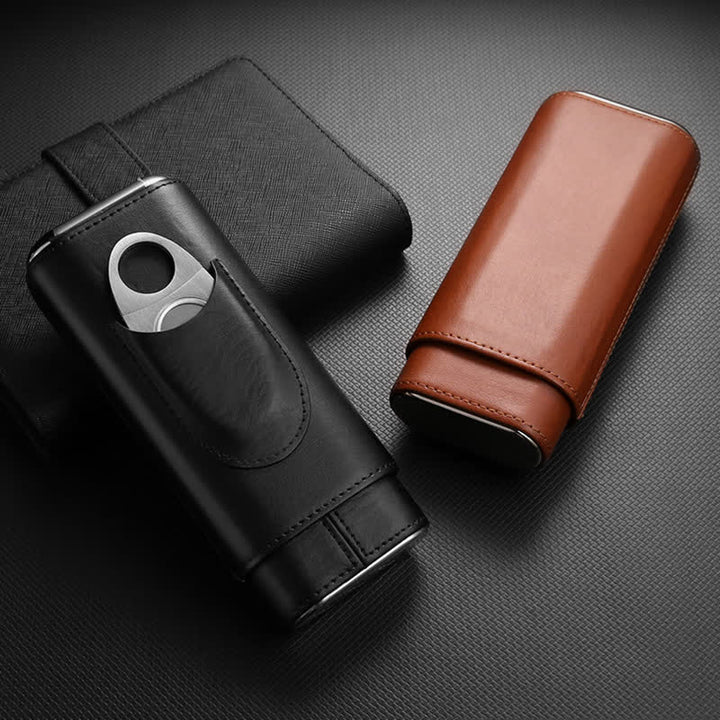 3-Finger Cigar Humidor Leather Case with Cigar Cutter