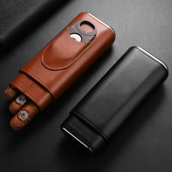 3-Finger Cigar Humidor Leather Case with Cigar Cutter - image 0