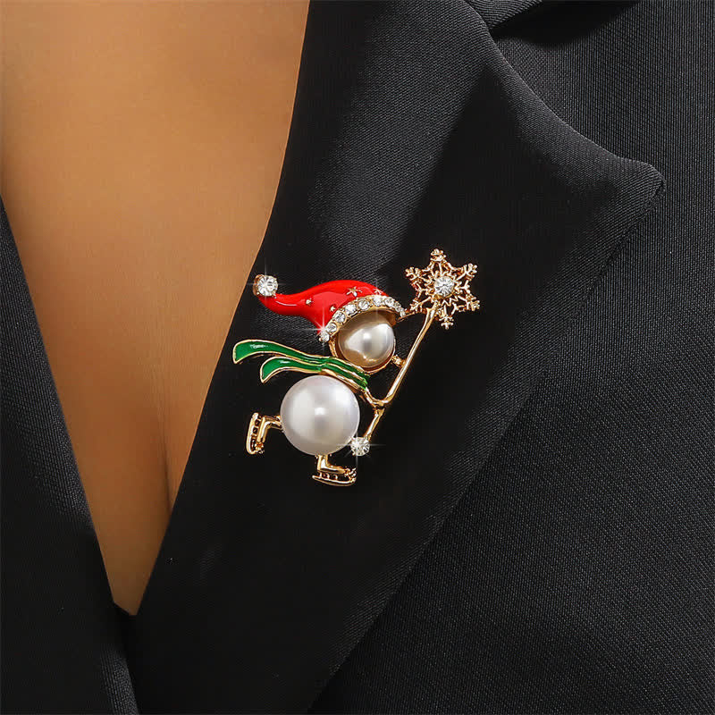 Women's Cute Snowman Red Santa's Hat Christmas Brooch - Gold & White - image 0