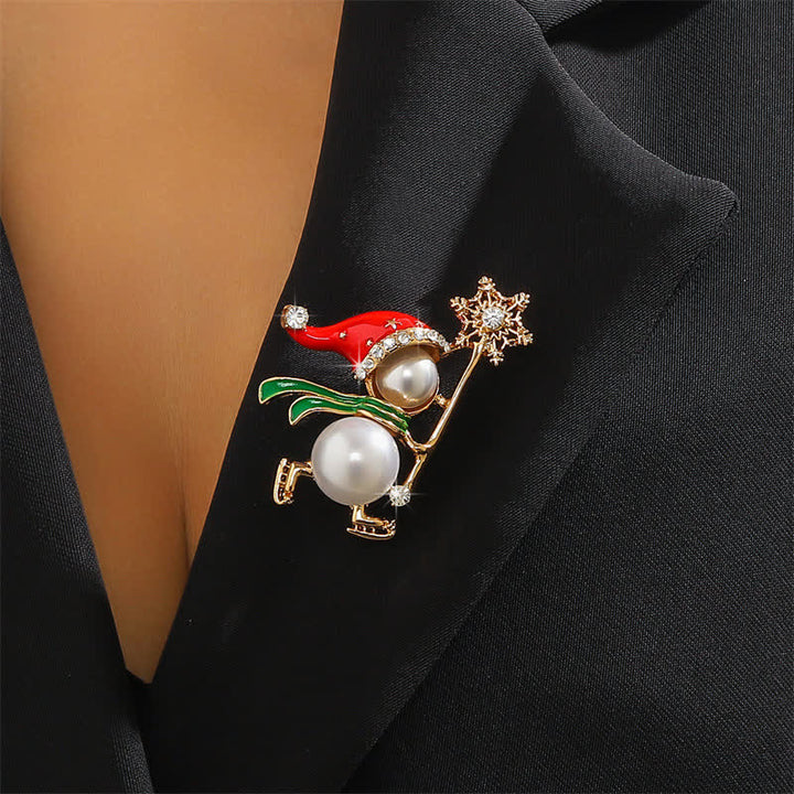 Women's Cute Snowman Red Santa's Hat Christmas Brooch - Gold & White - image 0