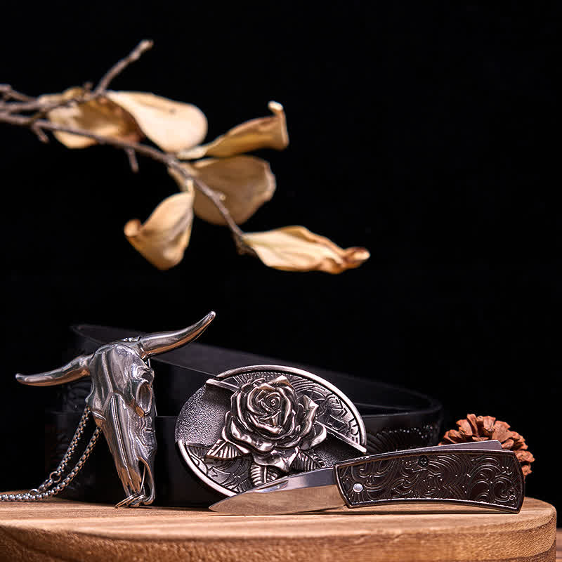 Western Gadget DIY Hidden Knife Buckle Longhorn Bull Pendant Bundle Set  - Rose - Black Embossed Eagle Belt - 40 - image 21