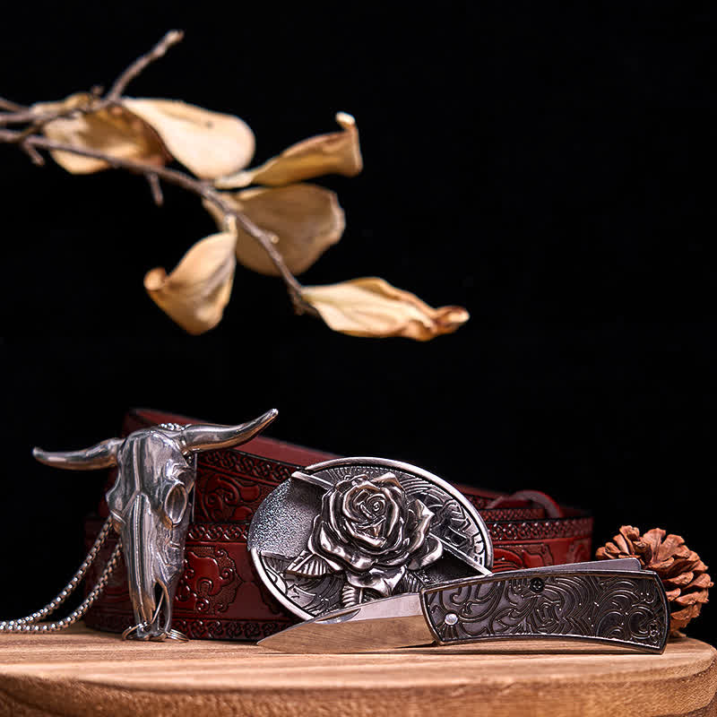 Western Gadget DIY Hidden Knife Buckle Longhorn Bull Pendant Bundle Set  - Rose - Brown Carved Belt - 40 - image 25