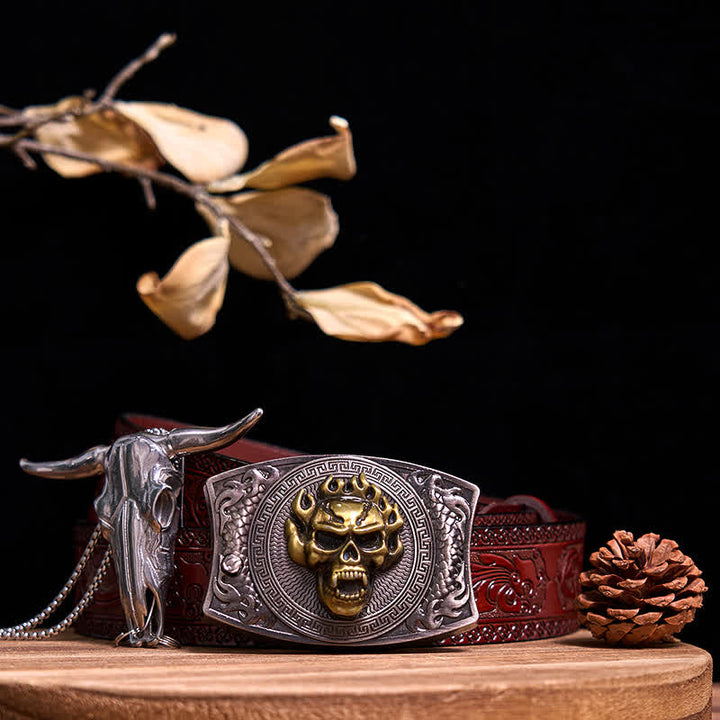 Western Gadget DIY Hidden Knife Buckle Longhorn Bull Pendant Bundle Set  - Gold Skull - Brown Carved Belt - 40 - image 70
