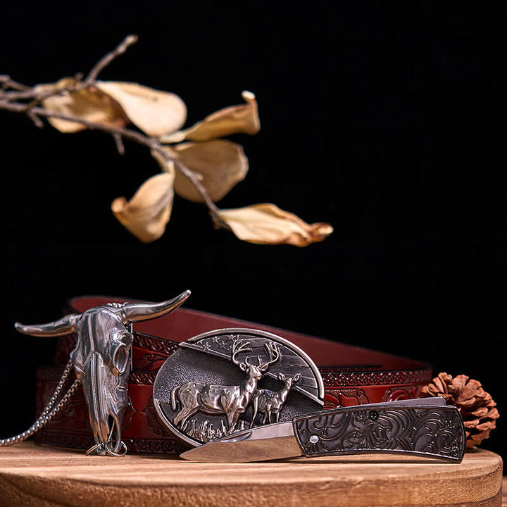 Western Gadget DIY Hidden Knife Buckle Longhorn Bull Pendant Bundle Set  - Dual Deers - Brown Carved Belt - 40 - image 13