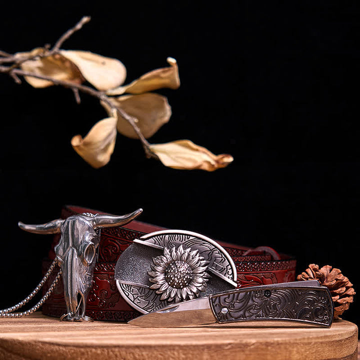 Western Gadget DIY Hidden Knife Buckle Longhorn Bull Pendant Bundle Set  - Sunflower - Brown Carved Belt - 40 - image 7