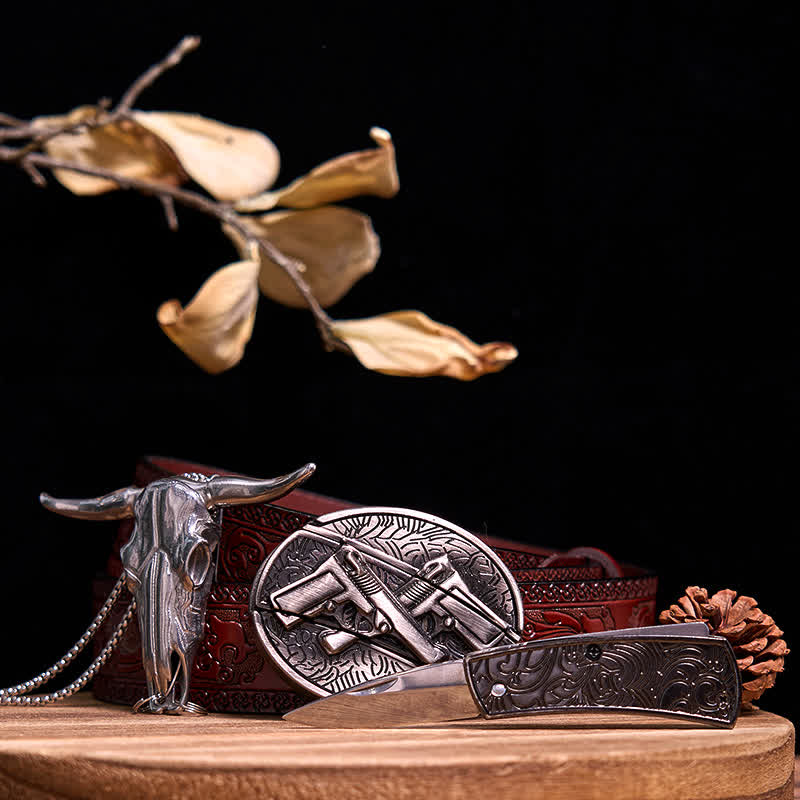 Western Gadget DIY Hidden Knife Buckle Longhorn Bull Pendant Bundle Set  - Dual Pistols - Brown Carved Belt - 40 - image 49