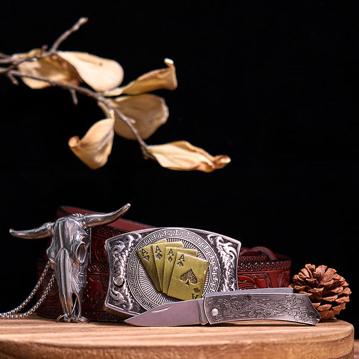 Western Gadget DIY Hidden Knife Buckle Longhorn Bull Pendant Bundle Set  - Gold Poker - Brown Carved Belt - 40 - image 76