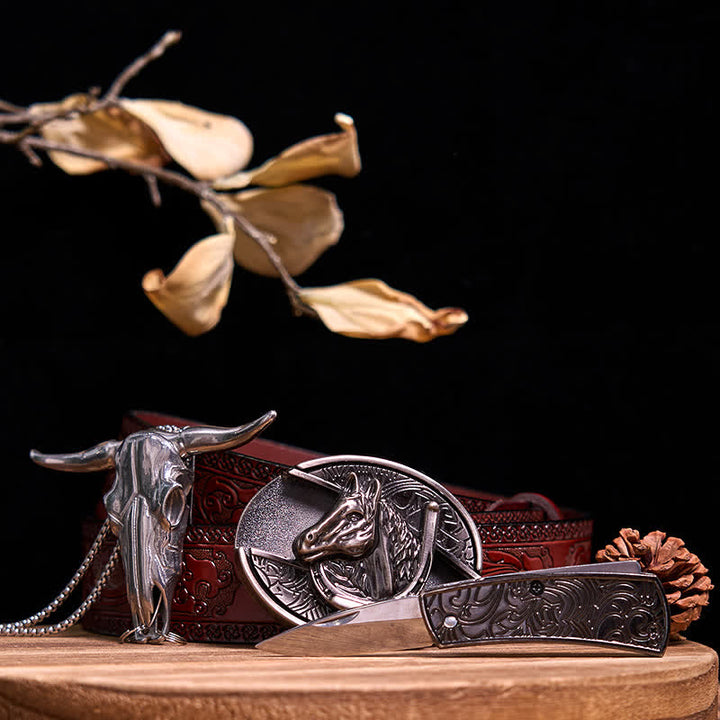 Western Gadget DIY Hidden Knife Buckle Longhorn Bull Pendant Bundle Set  - Horse - Brown Carved Belt - 40 - image 43