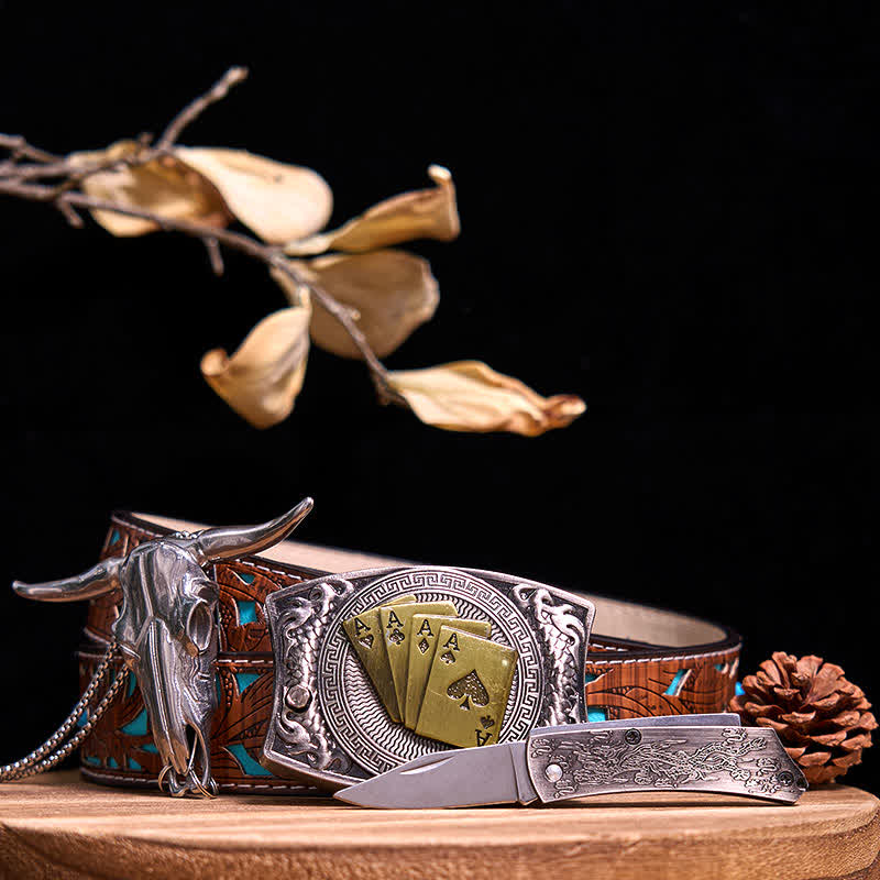 Western Gadget DIY Hidden Knife Buckle Longhorn Bull Pendant Bundle Set  - Gold Poker - Turquoise Carved Belt - 40 - image 73