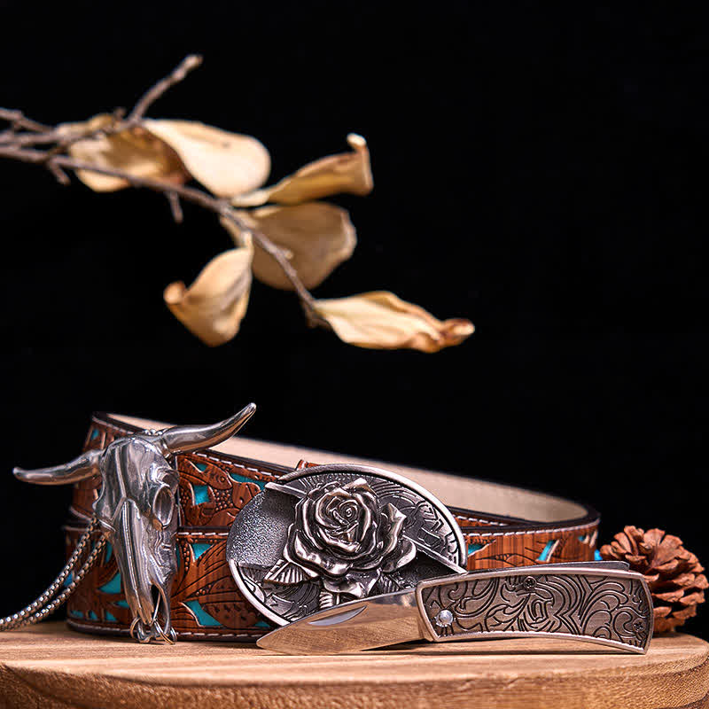 Western Gadget DIY Hidden Knife Buckle Longhorn Bull Pendant Bundle Set  - Rose - Turquoise Carved Belt - 40 - image 22