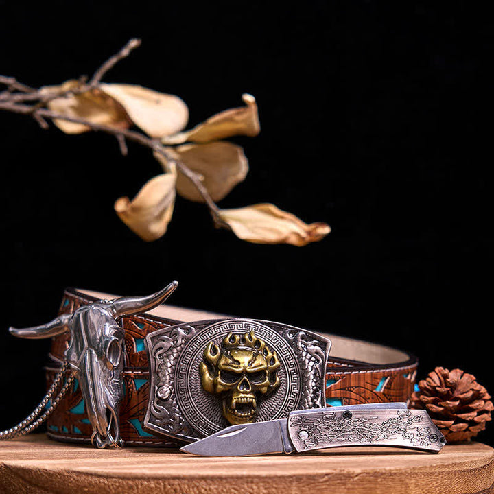 Western Gadget DIY Hidden Knife Buckle Longhorn Bull Pendant Bundle Set  - Gold Skull - Turquoise Carved Belt - 40 - image 67